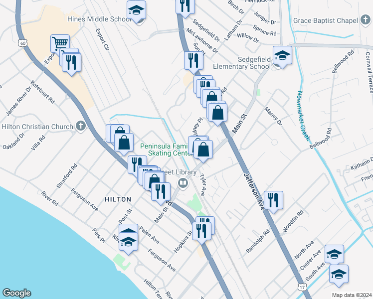 map of restaurants, bars, coffee shops, grocery stores, and more near 395 Tyler Avenue in Newport News
