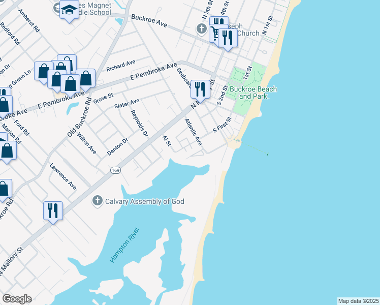 map of restaurants, bars, coffee shops, grocery stores, and more near 157 Atlantic Avenue in Hampton