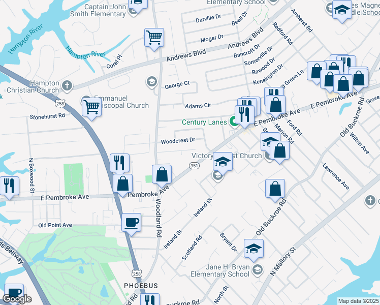 map of restaurants, bars, coffee shops, grocery stores, and more near 1422 Antoinette Circle in Hampton