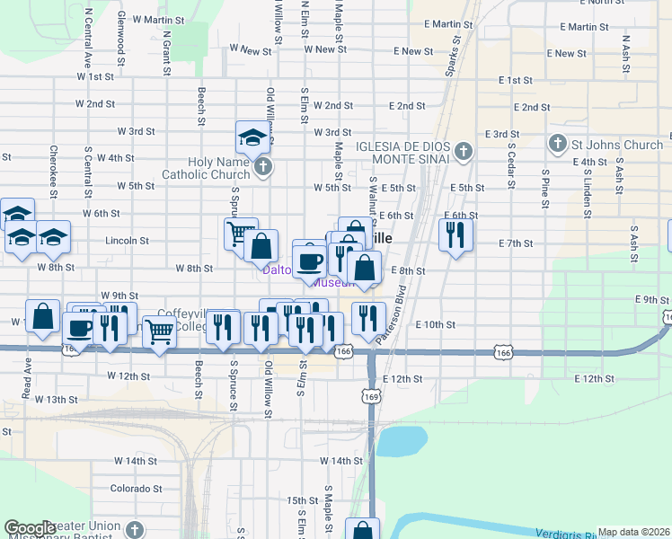 map of restaurants, bars, coffee shops, grocery stores, and more near 206 West 8th Street in Coffeyville