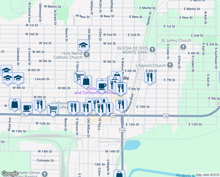 map of restaurants, bars, coffee shops, grocery stores, and more near 212 West 8th Street in Coffeyville