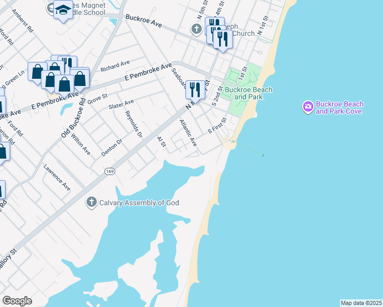 map of restaurants, bars, coffee shops, grocery stores, and more near 191 Atlantic Avenue in Hampton