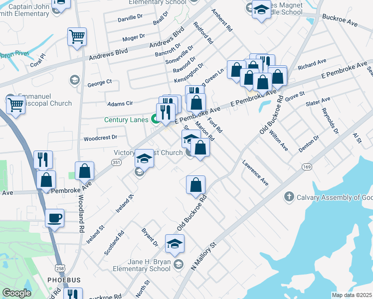 map of restaurants, bars, coffee shops, grocery stores, and more near 508 Shelton Road in Hampton