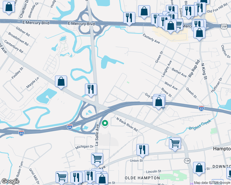 map of restaurants, bars, coffee shops, grocery stores, and more near 1325 Thomas Street in Hampton