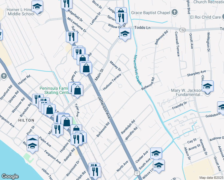 map of restaurants, bars, coffee shops, grocery stores, and more near 4 Hudson Circle in Newport News