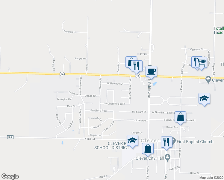 map of restaurants, bars, coffee shops, grocery stores, and more near 410 Choctaw in Clever