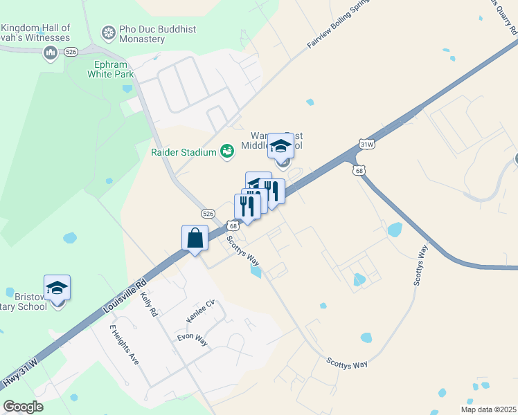map of restaurants, bars, coffee shops, grocery stores, and more near 6867 Louisville Road in Bowling Green