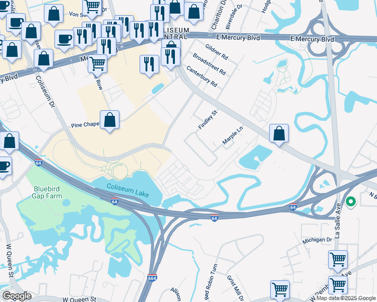 map of restaurants, bars, coffee shops, grocery stores, and more near 124 Findley Square in Hampton