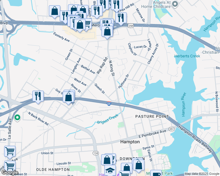 map of restaurants, bars, coffee shops, grocery stores, and more near 916 Quash Street in Hampton