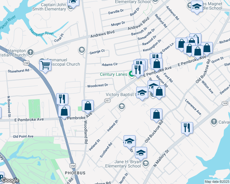 map of restaurants, bars, coffee shops, grocery stores, and more near 1462 Oakcrest Drive in Hampton