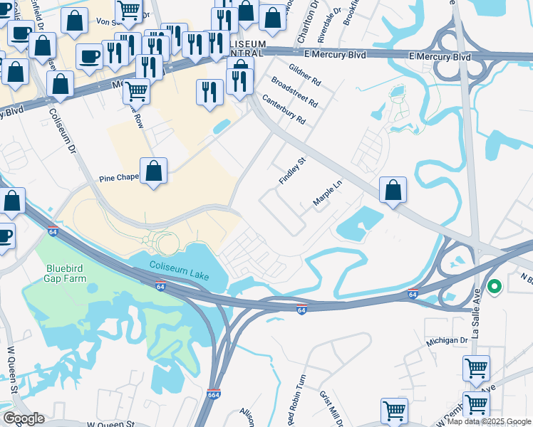 map of restaurants, bars, coffee shops, grocery stores, and more near 124 Findley Square in Hampton