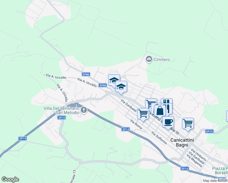 map of restaurants, bars, coffee shops, grocery stores, and more near Via San Nicola in Canicattini Bagni