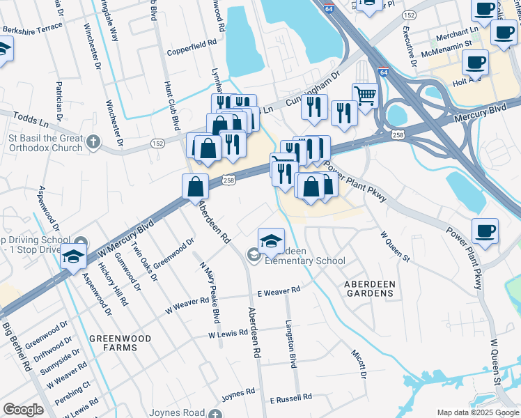 map of restaurants, bars, coffee shops, grocery stores, and more near 24 North Walker Road in Hampton