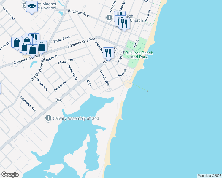 map of restaurants, bars, coffee shops, grocery stores, and more near 169 Herbert Avenue in Hampton