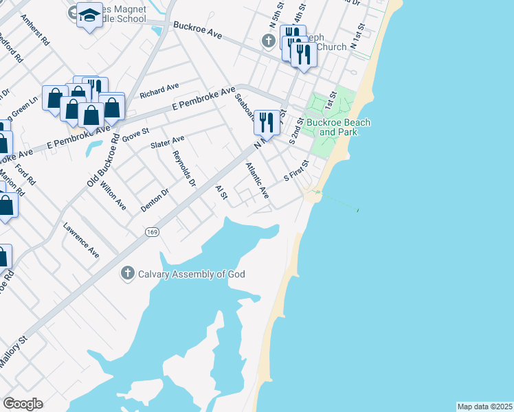 map of restaurants, bars, coffee shops, grocery stores, and more near 191 Atlantic Avenue in Hampton