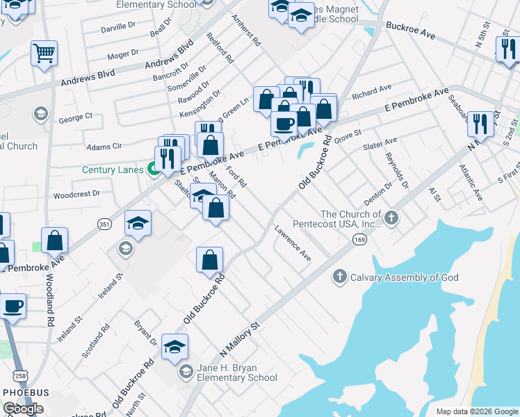map of restaurants, bars, coffee shops, grocery stores, and more near 426 Marion Road in Hampton