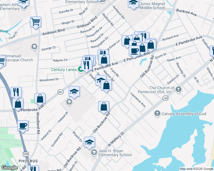 map of restaurants, bars, coffee shops, grocery stores, and more near 446 Smiley Road in Hampton