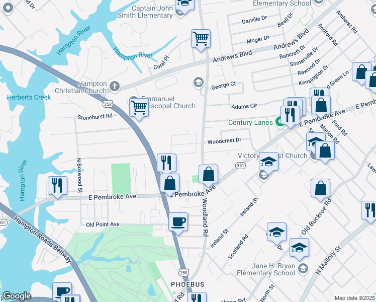 map of restaurants, bars, coffee shops, grocery stores, and more near 1312 Woodcrest Drive in Hampton