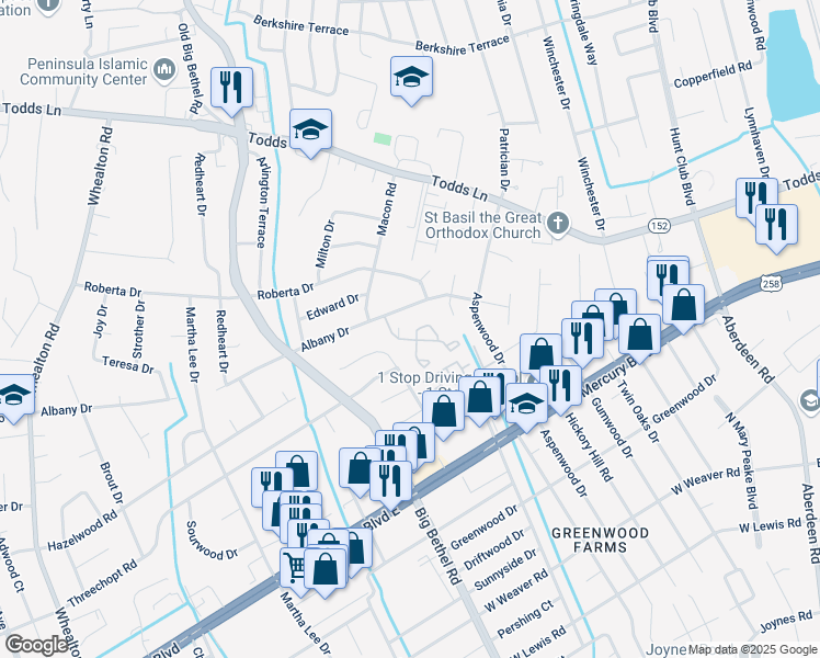map of restaurants, bars, coffee shops, grocery stores, and more near 228 Albany Drive in Hampton