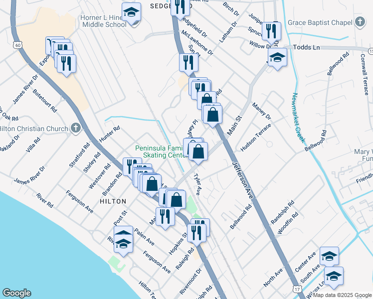 map of restaurants, bars, coffee shops, grocery stores, and more near 213 Village Parkway in Newport News
