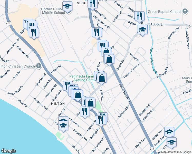 map of restaurants, bars, coffee shops, grocery stores, and more near 213 Village Parkway in Newport News