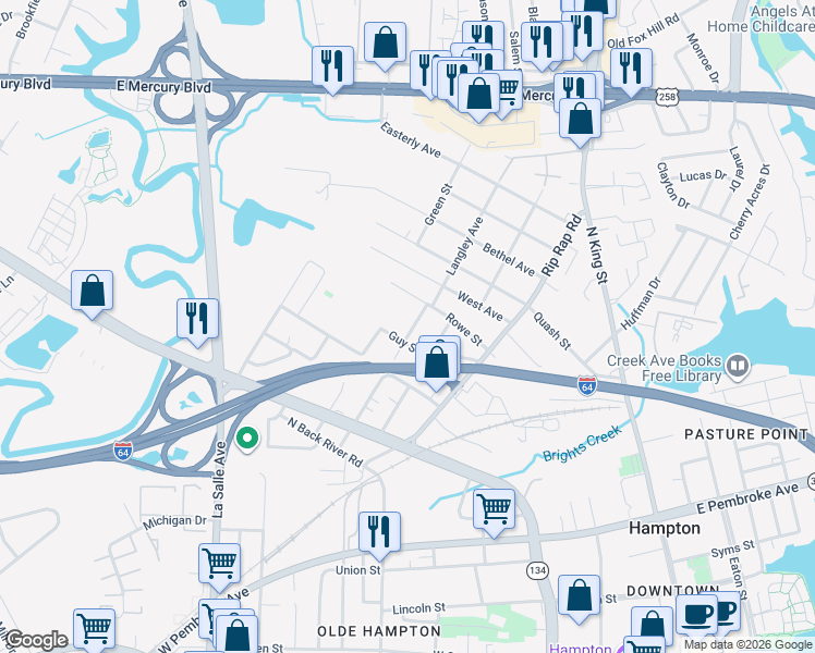 map of restaurants, bars, coffee shops, grocery stores, and more near 1215 Guy Street in Hampton