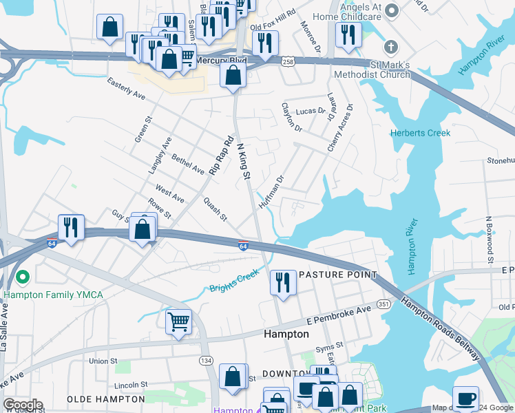 map of restaurants, bars, coffee shops, grocery stores, and more near 842 North King Street in Hampton