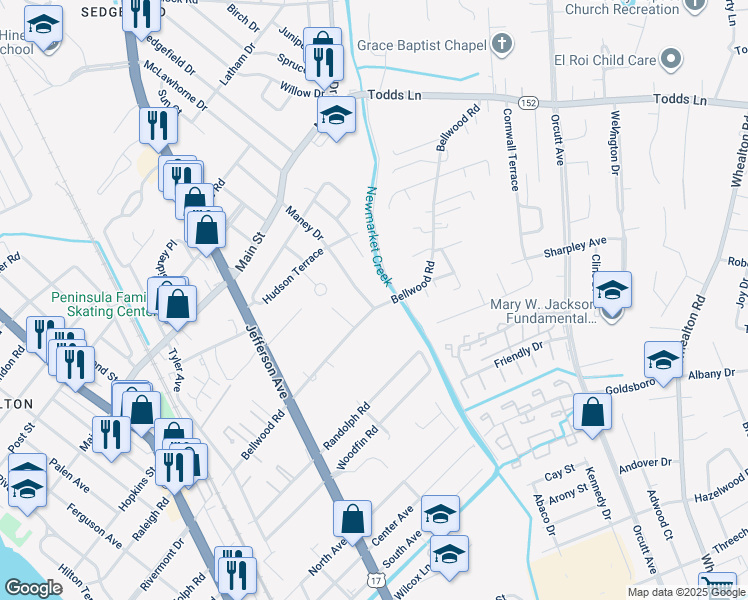 map of restaurants, bars, coffee shops, grocery stores, and more near 2 Maney Drive in Newport News