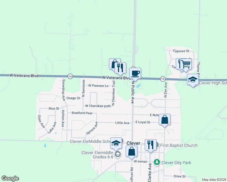 map of restaurants, bars, coffee shops, grocery stores, and more near 312 North Cherokee Trail in Clever