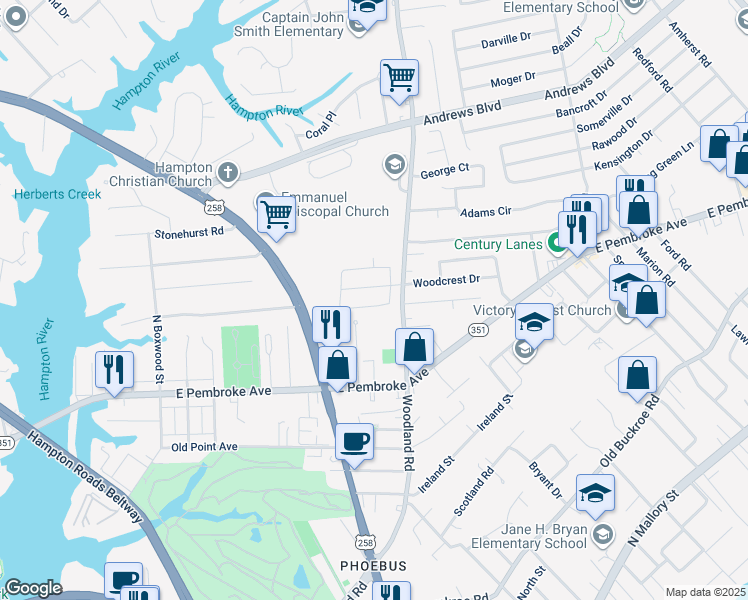 map of restaurants, bars, coffee shops, grocery stores, and more near 1312 Woodcrest Drive in Hampton