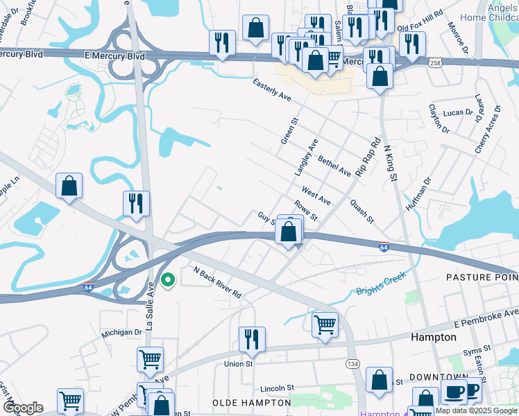 map of restaurants, bars, coffee shops, grocery stores, and more near 1215 Guy Street in Hampton