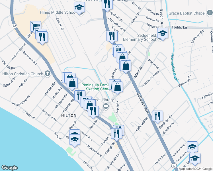 map of restaurants, bars, coffee shops, grocery stores, and more near 397 Tyler Avenue in Newport News
