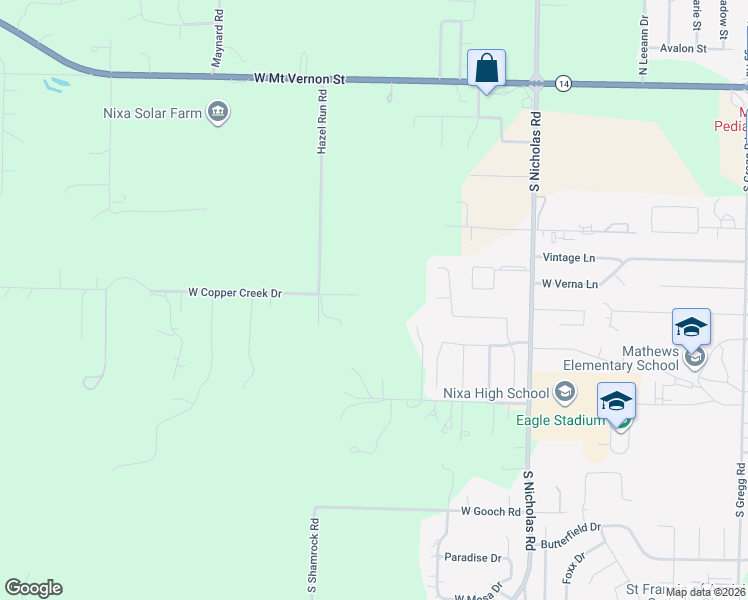 map of restaurants, bars, coffee shops, grocery stores, and more near 1450 West Copper Creek Drive in Nixa