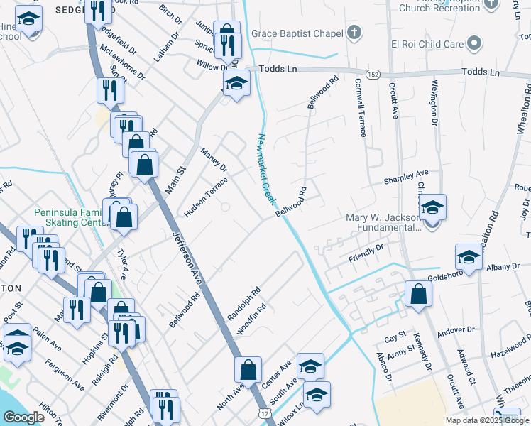 map of restaurants, bars, coffee shops, grocery stores, and more near 2 Maney Drive in Newport News