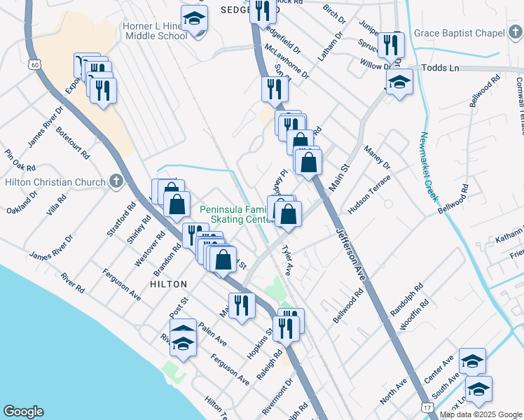map of restaurants, bars, coffee shops, grocery stores, and more near 397 Tyler Avenue in Newport News