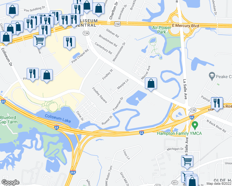 map of restaurants, bars, coffee shops, grocery stores, and more near 21 Ramsey Court in Hampton