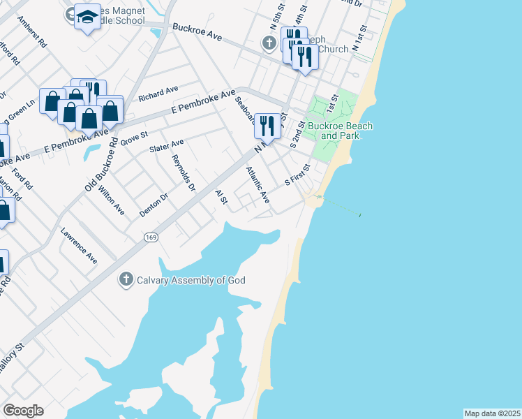 map of restaurants, bars, coffee shops, grocery stores, and more near 175 Atlantic Avenue in Hampton
