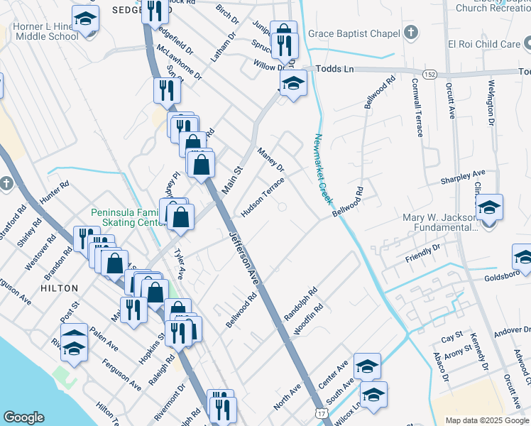 map of restaurants, bars, coffee shops, grocery stores, and more near 4 Hudson Circle in Newport News