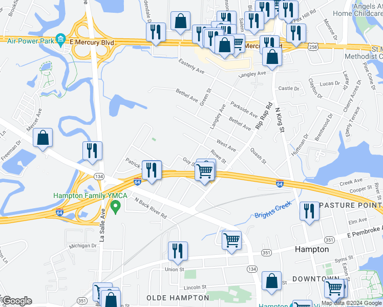 map of restaurants, bars, coffee shops, grocery stores, and more near 716 Langley Avenue in Hampton