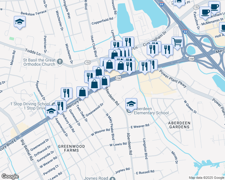 map of restaurants, bars, coffee shops, grocery stores, and more near 1520 Aberdeen Road in Hampton