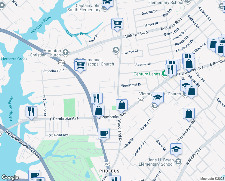 map of restaurants, bars, coffee shops, grocery stores, and more near 1317 Colebrook Drive in Hampton