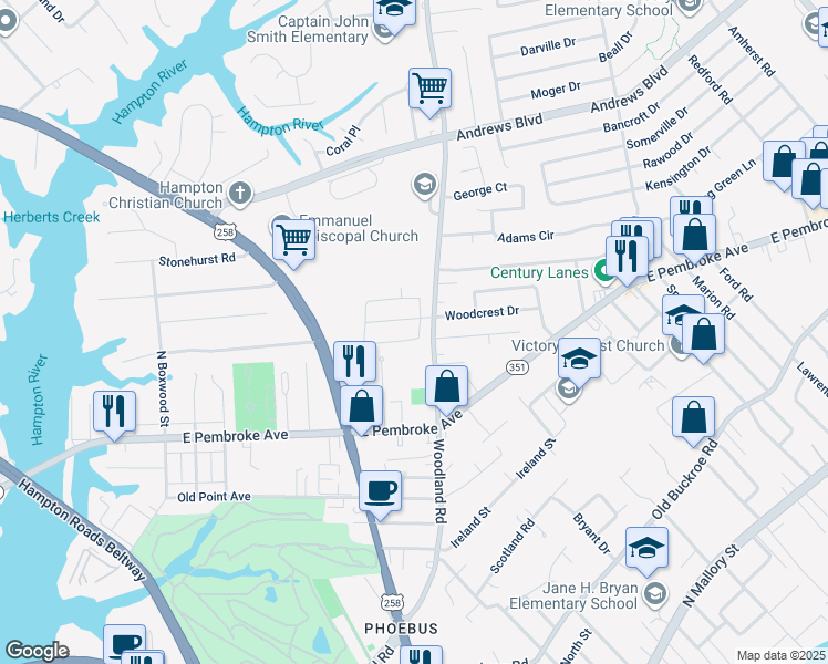 map of restaurants, bars, coffee shops, grocery stores, and more near 1317 Colebrook Drive in Hampton