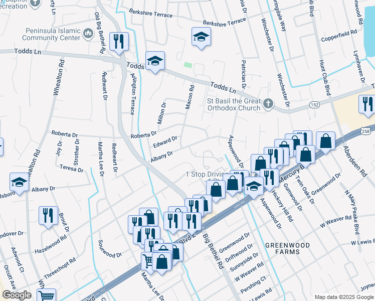 map of restaurants, bars, coffee shops, grocery stores, and more near 224 Albany Drive in Hampton
