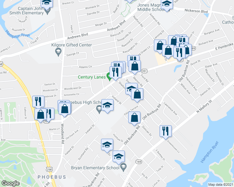map of restaurants, bars, coffee shops, grocery stores, and more near 521 Price Street in Hampton