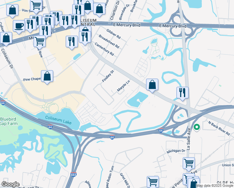 map of restaurants, bars, coffee shops, grocery stores, and more near 21 Ramsey Court in Hampton