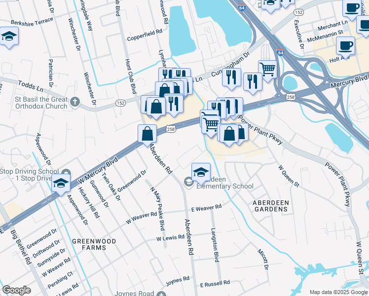 map of restaurants, bars, coffee shops, grocery stores, and more near 24 North Walker Road in Hampton