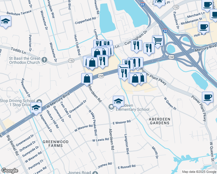 map of restaurants, bars, coffee shops, grocery stores, and more near 24 North Walker Road in Hampton