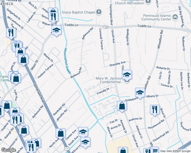 map of restaurants, bars, coffee shops, grocery stores, and more near 2 Brantleys Trce in Hampton