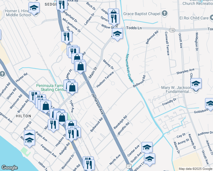 map of restaurants, bars, coffee shops, grocery stores, and more near 4 Hudson Circle in Newport News