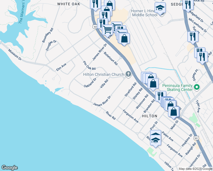 map of restaurants, bars, coffee shops, grocery stores, and more near 110 Villa Road in Newport News